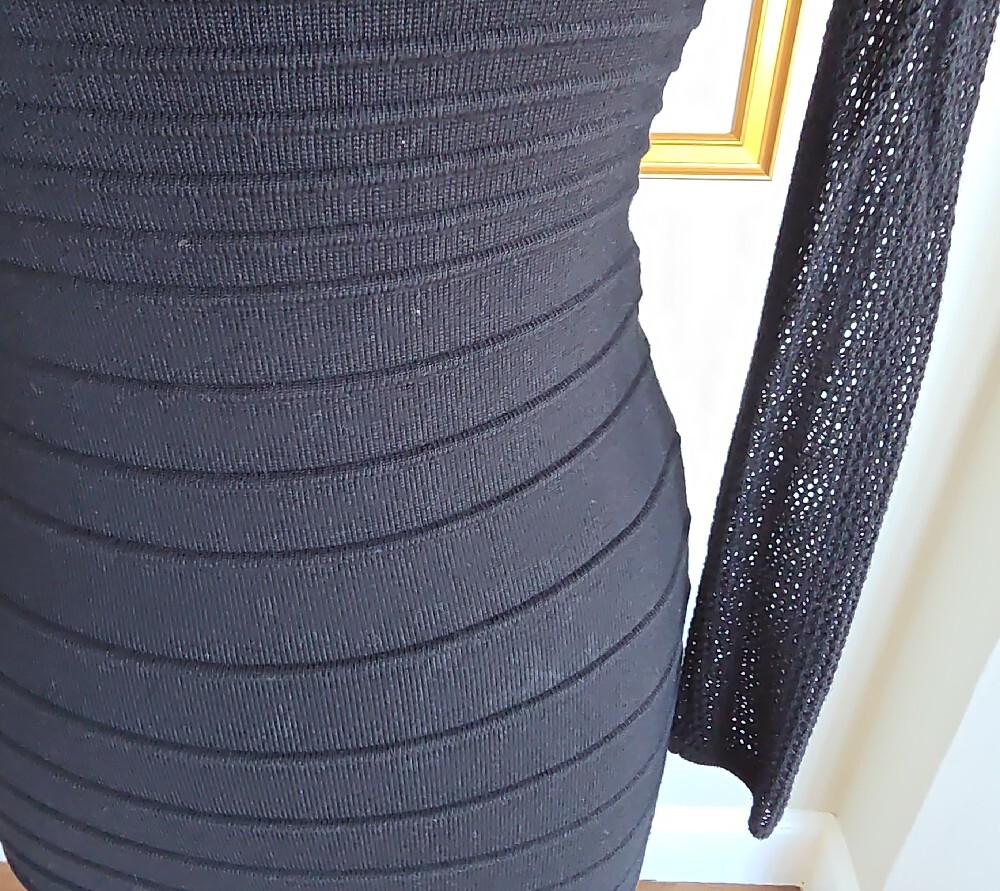 💙Forever 21 Black Long-Sleeve Ribbed Sheer-Sleeve Bodycon Dress - Picture 7 of 13